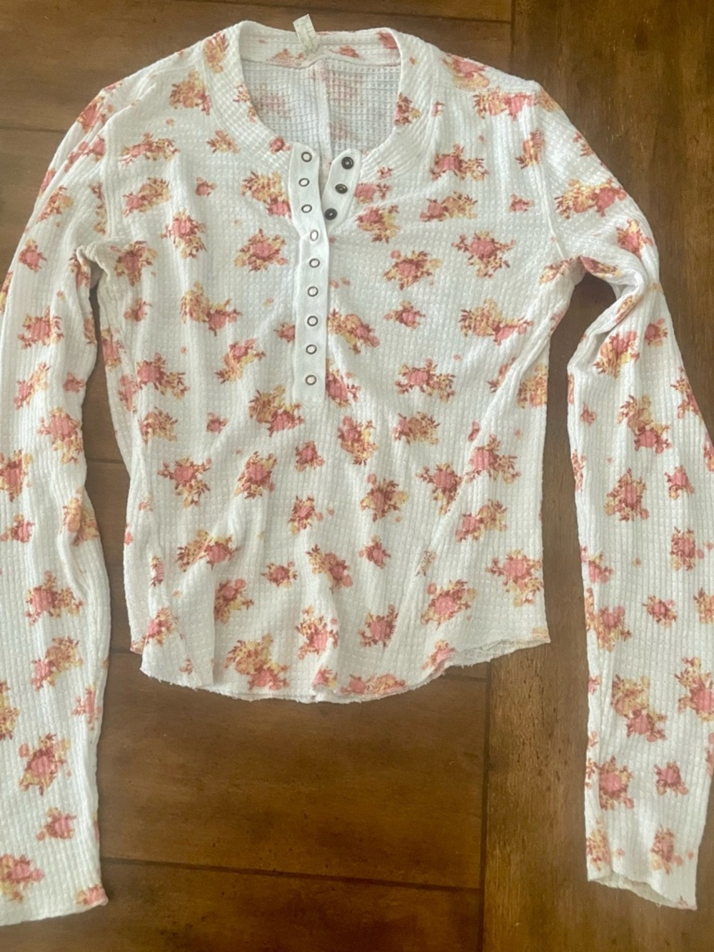 Free People White Floral Henley Long Sleeve Thermal Top